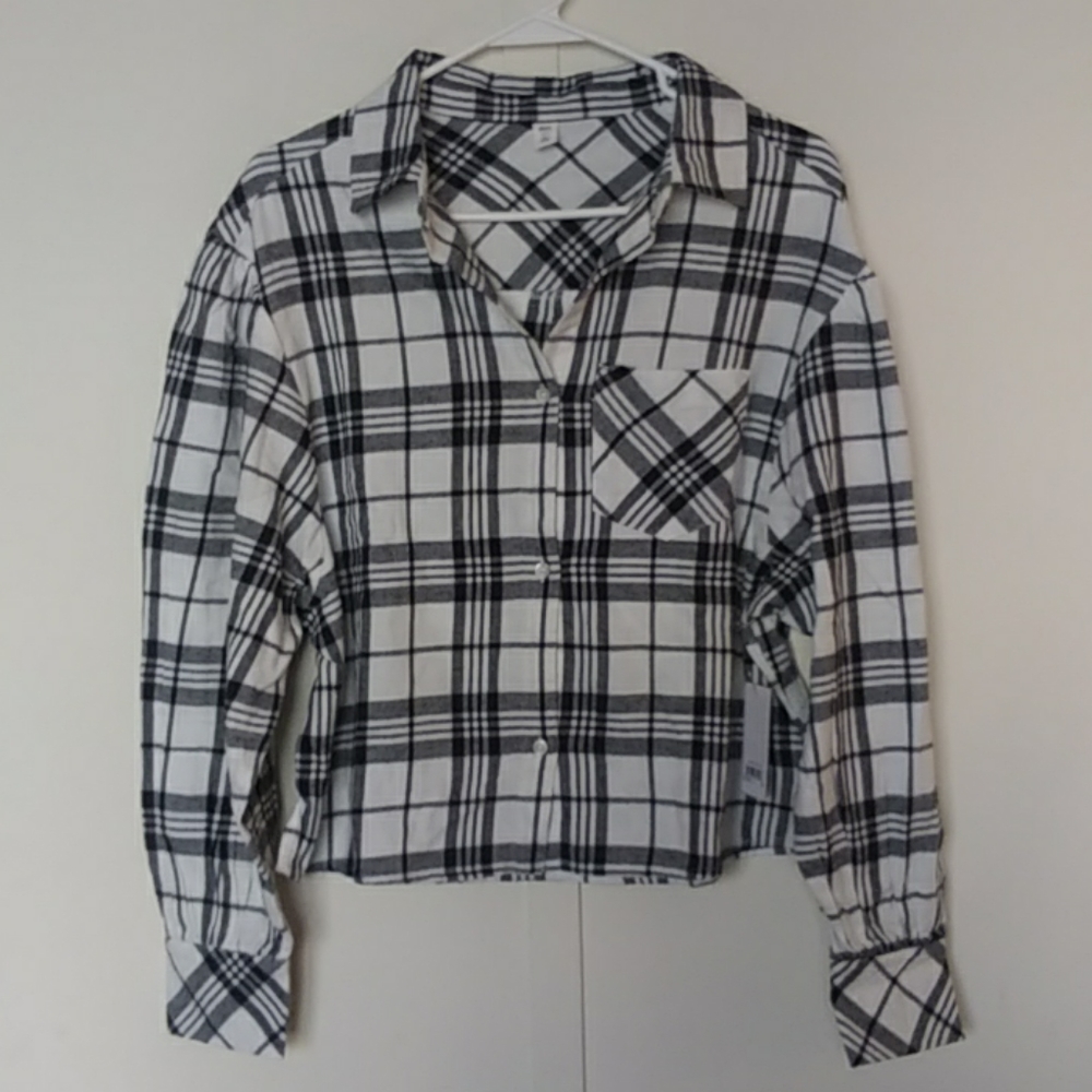 bp plaid top flannel oversized puff sleeve NWT XS